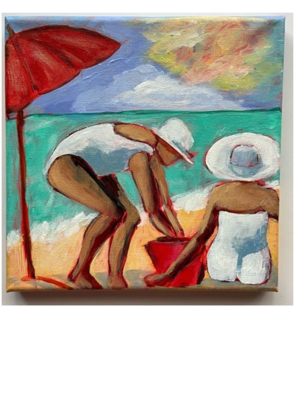 Original Beach Scene Red Beach Umbrella and White Hats Painting Beach Day Bliss